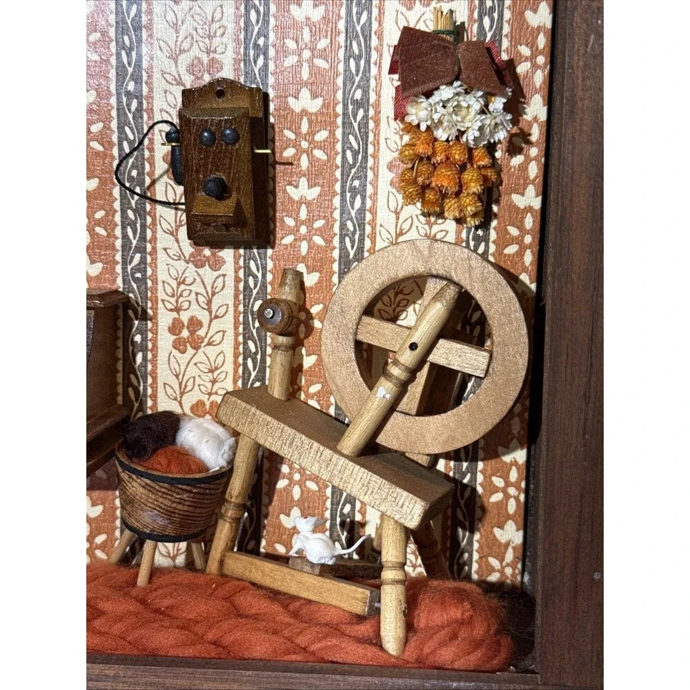 Vintage Corn Husk Doll Shadow Box Diorama Folk Art 1970s Cottage Core Farmhouse